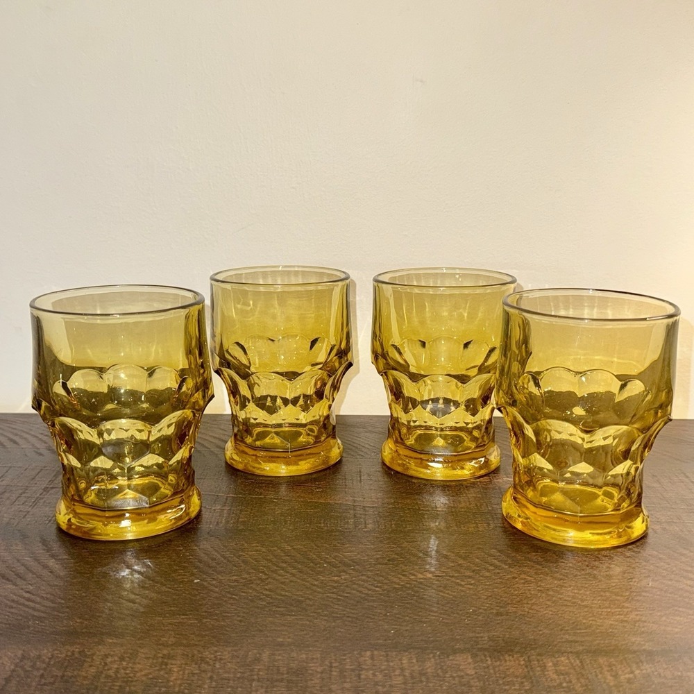 Set of 4 Vintage Anchor Hocking Georgian Honeycomb Glass Tumblers Amber Gold MCM